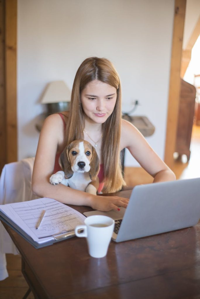 A young woman using a laptop at home with her beagle on her lap