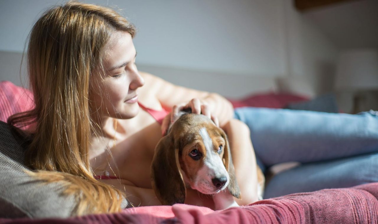 A young woman lies on a couch, embracing her beagle dog in a warm indoor setting