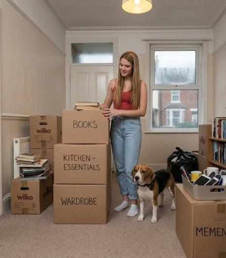 Woman organising moving boxes in a room with a dog; boxes labelled books, kitchen essentials, wardrobe, mementos