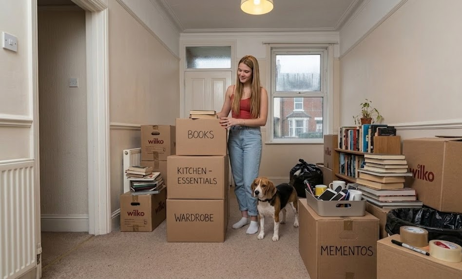 Woman organising moving boxes in a room with a dog; boxes labelled books, kitchen essentials, wardrobe, mementos