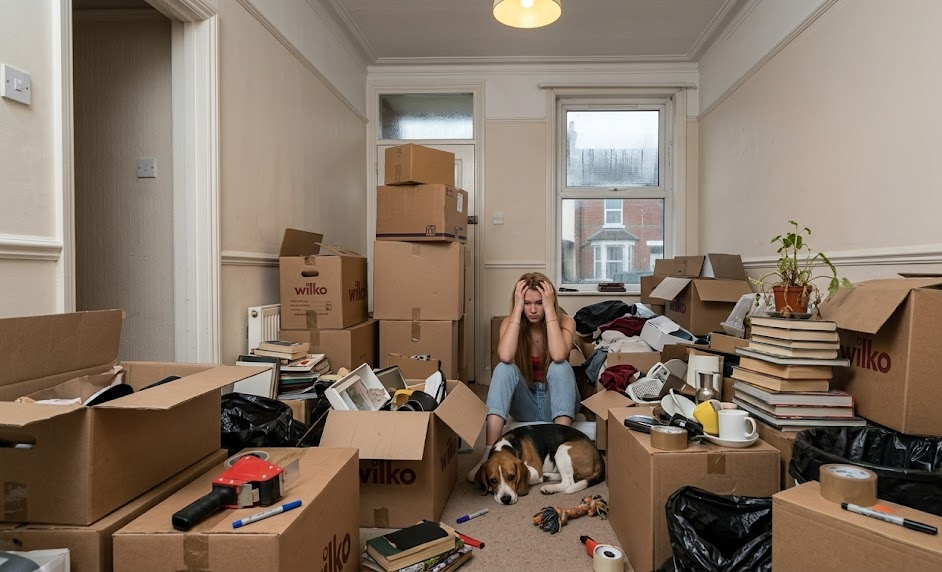 Woman stressed amidst clutter during house move with dog resting nearby, surrounded by boxes and household items