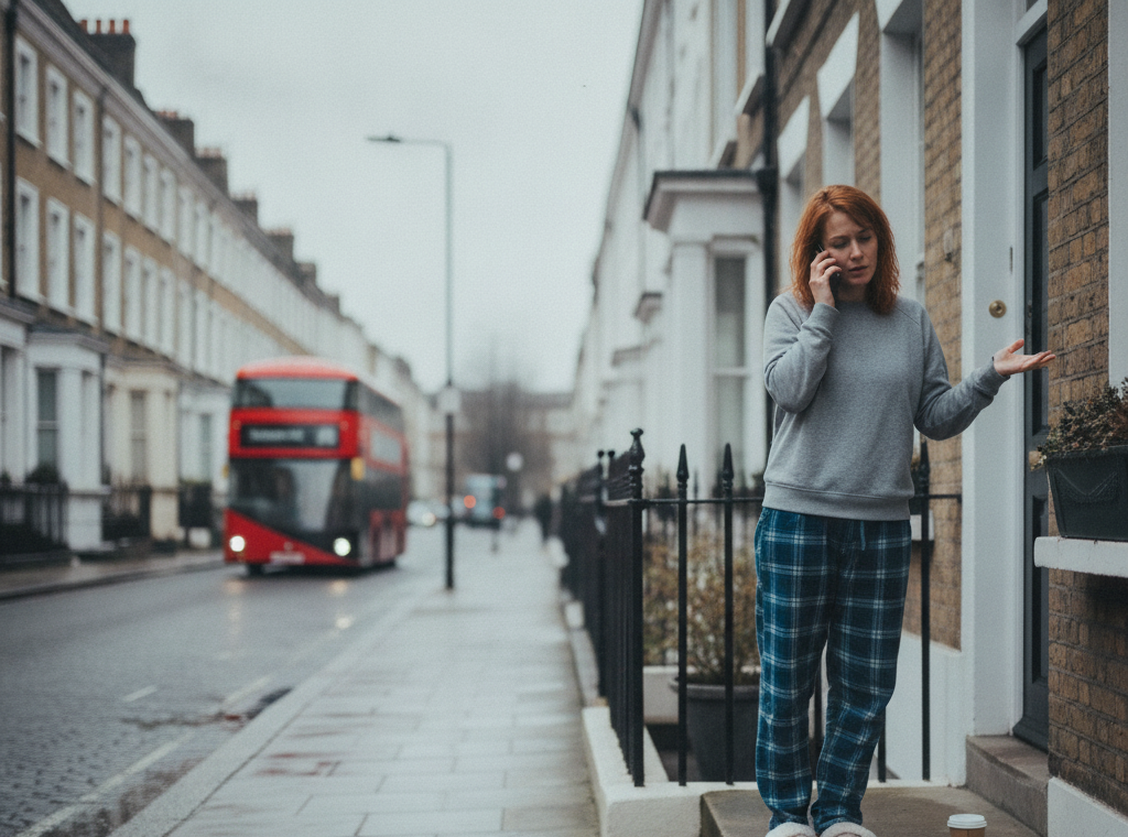 Woman in pyjamas on phone outside London terrace, red bus passing in background