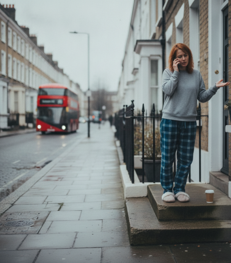 Woman in pyjamas on phone outside London terrace, red bus passing in background